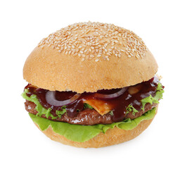 Delicious cheeseburger with lettuce, onion, ketchup and patty isolated on white
