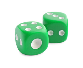 Two green game dices isolated on white