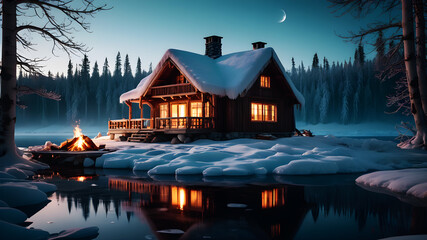 Fototapeta premium A wooden cottage situated near a frozen lake, with a campfire burning on the shore. The moonlight reflects off the icy surface of the lake, creating a serene, mystical atmosphere. The cottage's window