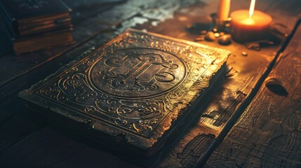 Antique Leather Book and Candle on Wooden Table