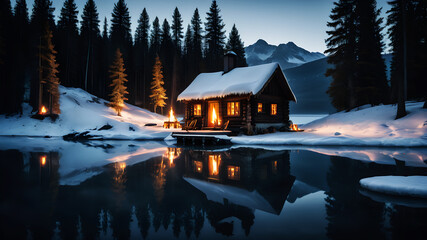 Obraz premium A wooden cottage situated near a frozen lake, with a campfire burning on the shore. The moonlight reflects off the icy surface of the lake, creating a serene, mystical atmosphere. The cottage's window