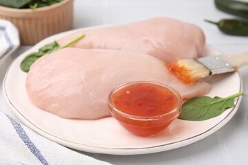 Marinade, basting brush and raw chicken fillets on white table, closeup