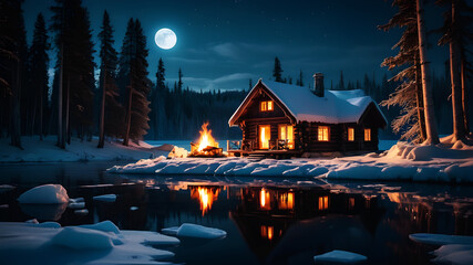 A wooden cottage situated near a frozen lake, with a campfire burning on the shore. The moonlight reflects off the icy surface of the lake, creating a serene, mystical atmosphere. The cottage's window