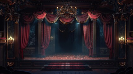 Elegant Vintage Theater Stage with Red Curtains and Chandelier