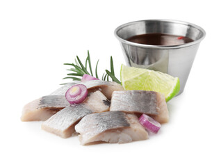 Pieces of tasty fish, onion and marinade isolated on white