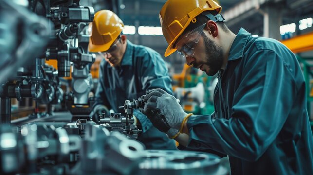 Workers assembling intricate machinery components
