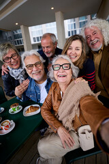 Vertical. Happy mature gray hair woman taking selfie of group seniors Caucasian cheerful friends...