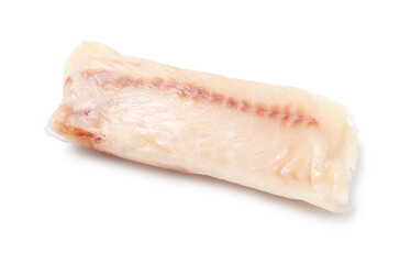 Piece of raw cod fish isolated on white, top view