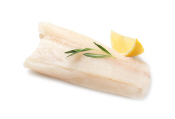Piece of raw cod fish, rosemary and lemon isolated on white