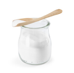 Baking soda in jar and spoon isolated on white