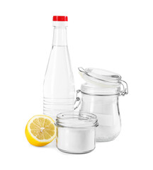 Baking soda, lemon and vinegar isolated on white
