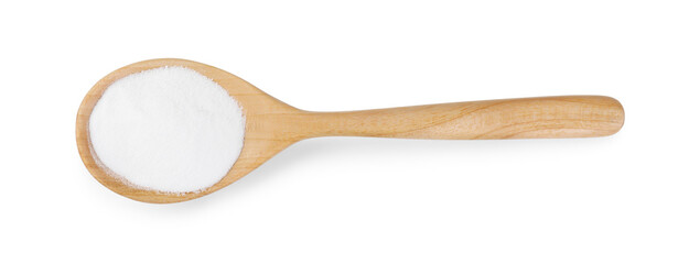 Baking soda in spoon isolated on white, top view