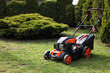 Fototapeta premium Modern lawn mower on green grass in garden