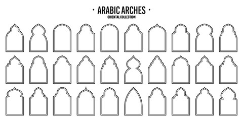 Islamic frames, oriental style objects. Arabic shapes, windows and arches. Traditional ornamental banner, frame. Muslim holidays, Ramadan Kareem. Modern eastern architecture. Vector illustration
