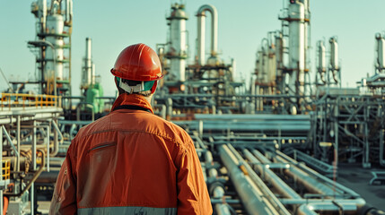 A man in an orange hard hat stands in front of a large industrial plant. Concept of industrial activity and the importance of safety in such environments
