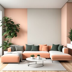 Living Room in Trendy Peach Fuzz Color for 2024, Pastel Wall Accent with Ivory Shades and Creamy White Luxury Furniture