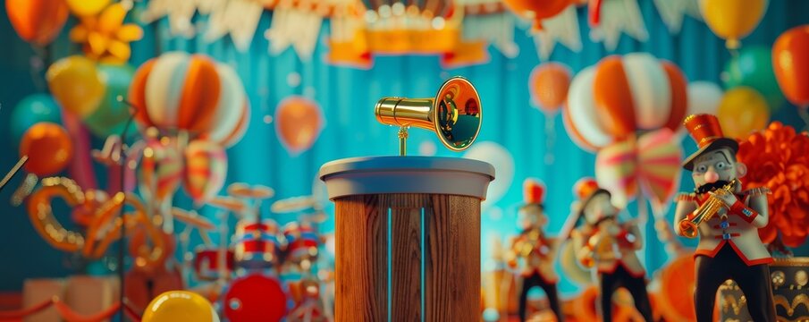 Vivid carnival themed mockup with podium and playful circus setup