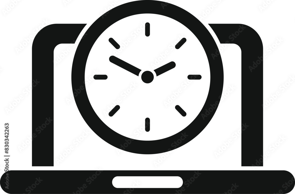 Poster black and white vector illustration of a laptop displaying a clock, representing productivity and sc