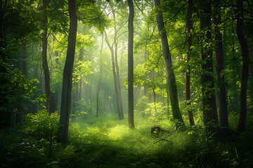 Morning Sunlight Filtering Through Lush Green Forest Trees: Serene and Tranquil Nature Scene