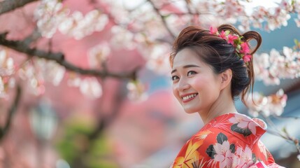 Smiling woman in traditional kimono enjoying hanami (cherry blossom viewing)