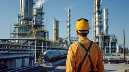 A man in an orange hard hat stands in front of a large industrial plant. Concept of industrial activity and the importance of safety in such environments