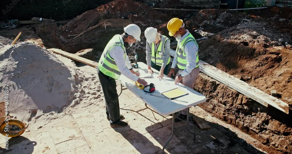 Poster architecture, collaboration and project management with construction worker people on building site.