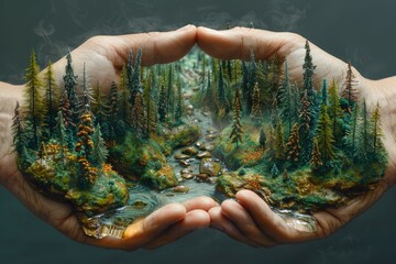 Hands carefully hold a piece of land covered with forest. The future of the Earth is in our hands. Caring for and protecting our planet and natural resources