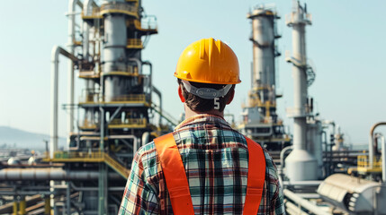 Fototapeta premium A man in an orange hard hat stands in front of a large industrial plant. Concept of industrial activity and the importance of safety in such environments