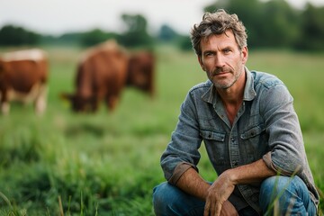 Middle-aged man squatting in a field with cows in the background.