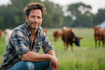 A middle-aged farmer kneels in a field, surrounded by cows grazing in the background.