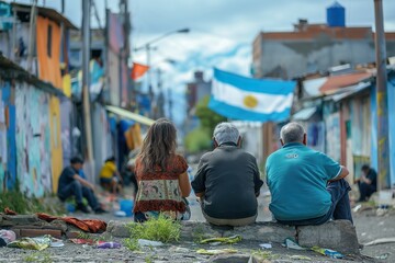 Fototapeta premium A diverse group of individuals sit atop a historic stone bench, against the backdrop of the Argentinean flag.
