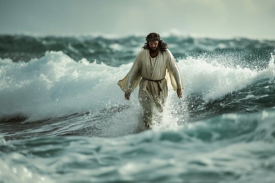 Jesus Christ , walking on turbulent waters, fancing towards camera