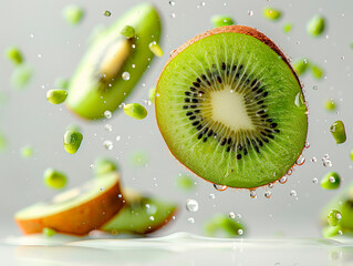photography of KIWI falling from the sky, hyperpop colour scheme. glossy, white background Kiwi fruit levitating on a white background
