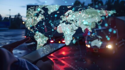 Innovation technology digital future of logistics freight transportation import export concept, Manager using tablet control online tracking cargo delivery distribution on city world map background 