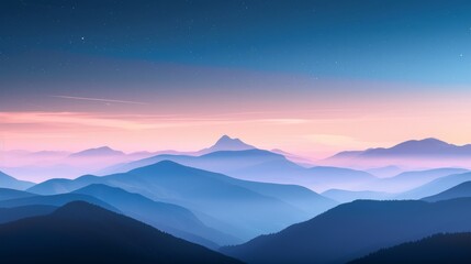 Obraz premium A breathtaking mountain landscape at dawn, layers of rolling hills and forested mountains in the foreground creating a sense of depth, leading up to a prominent