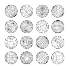 Wireframe shapes, lined sphere. Perspective mesh, 3d grid. Low poly geometric elements. Retro futuristic design elements, y2k, vaporwave and synthwave style. Vector illustration
