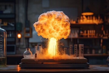 Fiery explosion on a laboratory bench