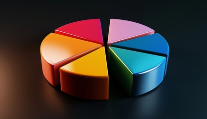 Obraz premium 3D pie chart with colorful sections on a black background, detailed illustration in the style of high resolution photography