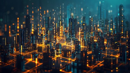 Futuristic city technology with digital glowing light reflection, smart modern mega city, neon technology background, Night life Smart futuristic city big data technology concept.