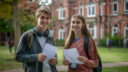 Two happy students holding documents in front of a university building. Lush greenery surrounds them. This image shows academic success and joy. AI