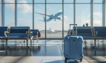 3d render of blue travel luggage and modern airport waiting area with two empty chairs and large windows overlooking the runway.