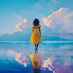 Beautiful scene with a woman in yellow dress standing in the sea. Blue purple pink color sky clouds and reflection in water. Rear view.