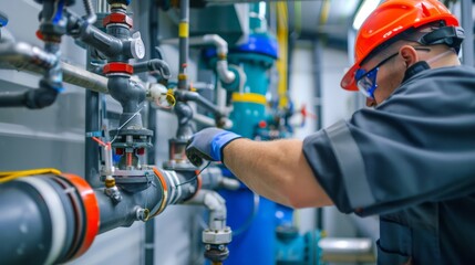 Plumber repairing pipes and fixtures in industrial facility