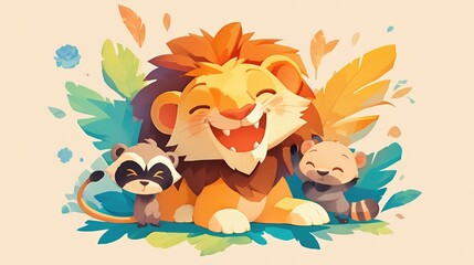 Check out this adorable cartoon 2d illustration featuring a lion monkey and raccoon