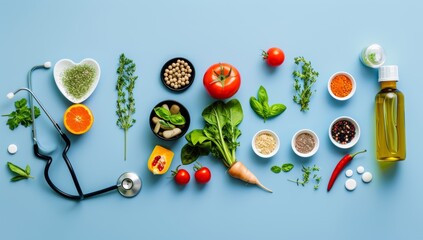A blue background with various vegetables, fruits and pills arranged in the shape of an I.