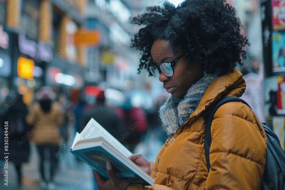 Sticker focused african american woman reading a book on a busy city street