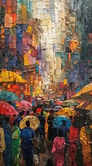 A depiction of a bustling market, with figures abstracted into shapes and vibrant patches of color that emphasize movement and atmosphere
