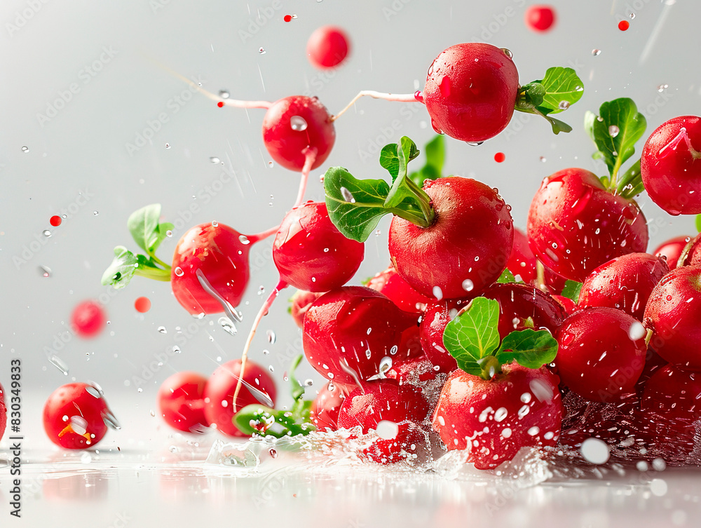 Wall mural photography of radishes falling from the sky, hyperpop colour scheme. glossy, white background radis