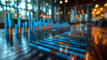 This image focuses on a financial growth concept with a close-up of blue graphs on a wood table surface - Powered by Adobe