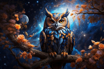 a celestial owl its feathers ablaze with the hues